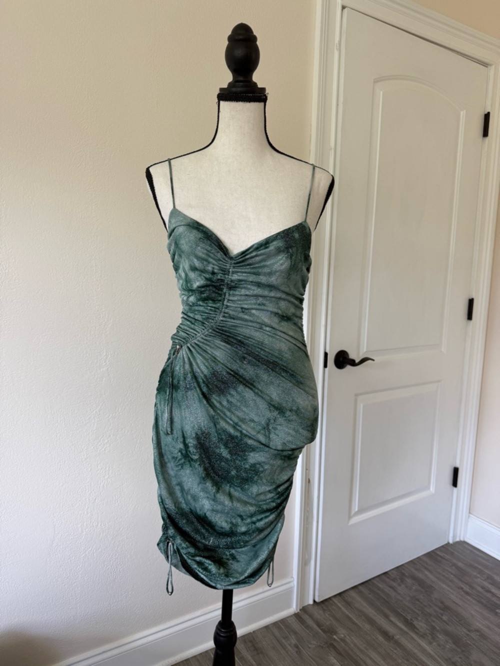Guess Green Tie-Dye Ruched Spaghetti Strap Dress